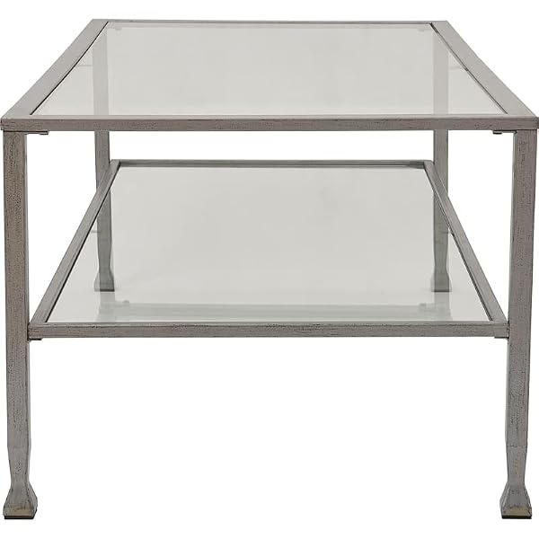 CLICKDECOR MADDOX 2-TIER TEMPERED GLASS COFFEE TABLE WITH METAL FRAME, CONSOLE, LIVING ROOM ACCENT FURNITURE, RECTANGULAR TOP WITH STORAGE SHELF, EASY ASSEMBLY, 48 INCH, SILVER