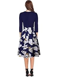 Vestido vintage de patchwork con bolsillos y cuello en V, vestido floral, manga 3 4, vestido de trabajo acampanado