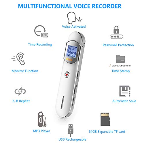 Voice Recorder, 16GB 1536Kbps Digital Voice Activated Recorder for Meetings,Lectures,Class - Stereo Audio Sound Recorder with 64GB TF Card Expansion, Noise Reduction, Password, USB Charge by Hfuear - Thumbnail 6