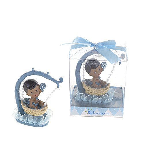 Lunaura Baby Keepsake - Set of 12 "Boy" Black Ethnic Baby Sitting in Hanging Basket Favors - Blue