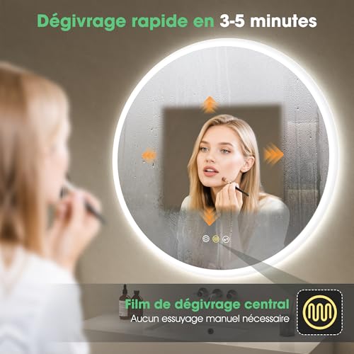 S'bagno Round Bathroom Mirror 70 cm, Bathroom Mirror with Lighting and Bluetooth, Anti-Fog, 3000K-6500K, Dimmable, HD Tempered Glass, IP44 LED Bathroom Mirror with Memory