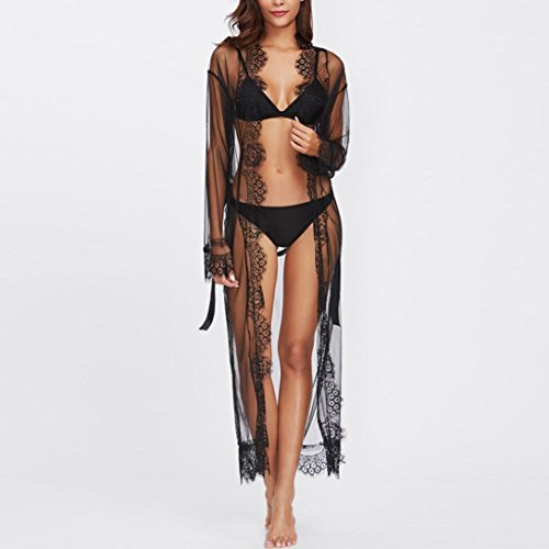 Women Sexy Long Babydoll Nightgown, Balakie Ladies Lingerie Bath Rob Lace Stitching Long Bathrobes Nightdress (XL, Black)
