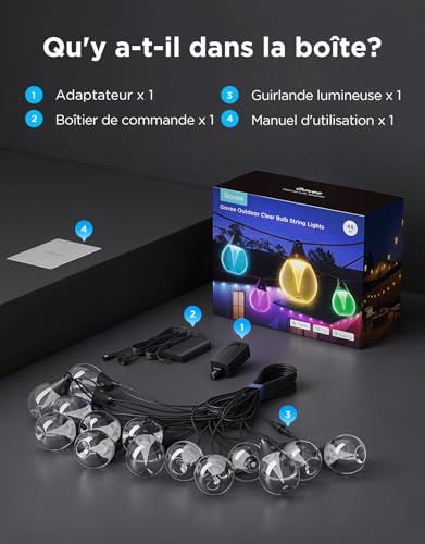 Govee Outdoor String Lights, 15m RGBWIC Dimmable 16 Million Colors and 111 Scene Modes, 80lm per LED, 25000h Lifespan, Compatible with Alexa, Google Assistant, Matter