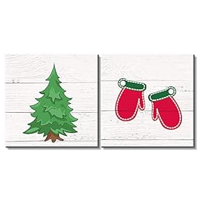 2 Panel Square Canvas Wall Art - Christmas Theme Drawing of a Pine Tree and Red Socks - Giclee Print Gallery Wrap Modern Home Art Ready to Hang - 12"x12" x 2 Panels