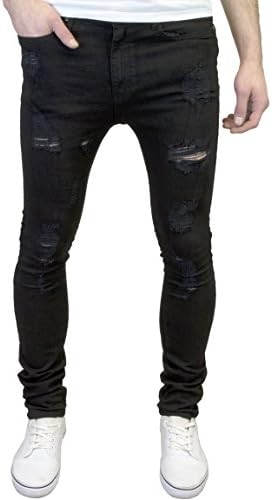 526Jeanswear 526 Mens Designer Stretch Super Skinny Ripped Abraised Distressed Jeans (38W x 30L, Jet Black)