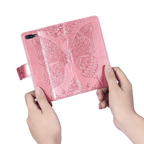 Case for iPhone 8 Plus/7 Plus Cover,Embossing Mandala Butterfly Rose Vine Flip Folio Wallet Case PU Leather Stand Card Slots Case Cover+Dust Plug Stylus for iPhone 8 Plus/7 Plus Wallet Case,White
