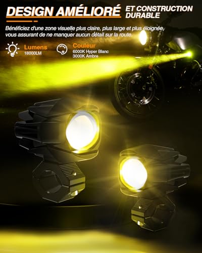 BraveWAY 60W 18000LM Motorcycle Additional Lights Upgraded LED Auxiliary Fog White Amber Waterproof 9 Modes Strobe Wiring Harness Kit Plug and Play and 2 Mounting Brackets