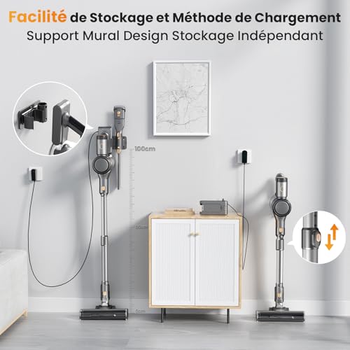Aspirateur sans Fil, 400W 45KPa Aspirateur Balai sans Fil Puissant, 55Min Autonomie, Brosse Anti-emmêlement, Batterie Amovible, Aspirateur sans Sac avec Écran LED pour Tapis Poils d'animaux Sol Dur