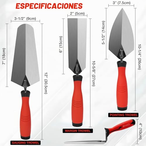 SHALL Juego de llanas de acabado de agarre suave (3 piezas), llana de albañilería, llana de medición, llana de borde, herramientas de albañilería con mangos de agarre suave.