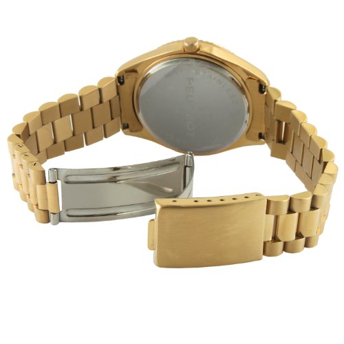 Peugeot 14K All Gold-Plated Day Date Roman Numeral Stainless Steel Big Face Fluted Bezel Luxury Watch 1029G
