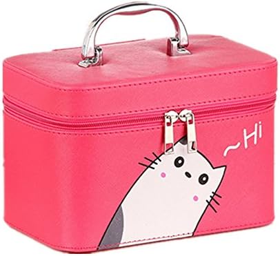 Centralocker PU leather Waterproof Beauty Box Portable Handle Cosmetic Pouch Small Travel Toiletry Bag Polyester Top Zipped Organizer Makeup Case With Mirror Rose Red