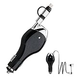 Lauco High Speed Charge 2-In-1 Retractable Car Charger, 5V Dual Port Charging Connector Micro USB Cable, 90CM Lightning Vehicle Charger Compatible to IOS or Android Devices - Black