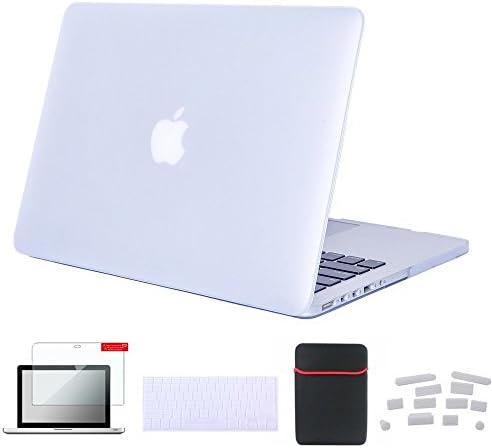 JIFF Rubberized Hard Case Cover Macbook Pro 13 Retina A1502/A1425 with Retina Display with Sleeve Bag + Silicone Keyboard Cover + LCD Clear Screen Protector + Dust Plugs(5 in 1) (Matte Transparent)
