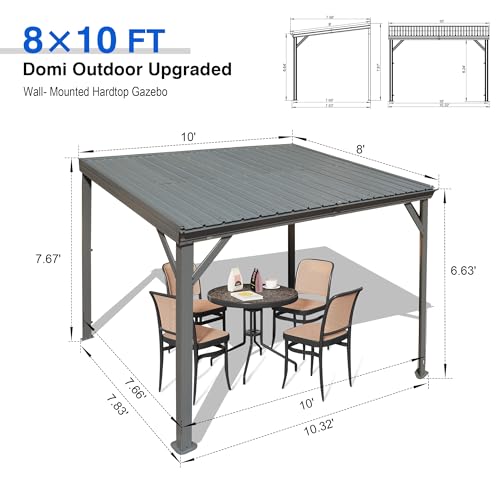 Domi 8x10FT Lean to Gazebo, Outdoor Hardtop Wall Mounted Gazebo with Sloping Galvanized Steel Roof, Upgraded Heavy Duty Mounted Shelter with Drainage System for Deck, Porch, Backyard, Grey