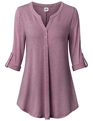 UXELY Women's 3/4 Cuffed Sleeve Shirt Long Sleeve Shirt Casual V Neck Pleated Flowy Loose Fit Swing Tunic Tops Red