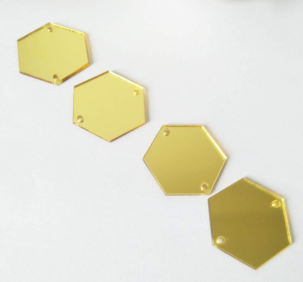 MEYA Sew On Hexagon Acrylic Mirror Beads, Mirror Diamante Rhinestone Crystal Flat Back Mirror Beads with Hole (Gold)
