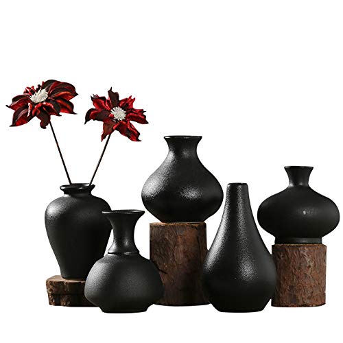 Sziqiqi Small Black Ceramic Vase Set of 5, Decorative Vases for Flowers with Minimalist Design for Home Table Centerpiece, Modern Handmade Vase for Wedding Office Living Room Kitchen Decoration