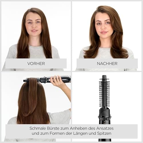 Dry, Straighten and Style - Rotierende Warmluftbürste, 1000W Ionen Rundbürstenföhn mit 4 Aufsätzen zum Föhnen, Glätten, Volumen kreieren, Schwarz, AS200E