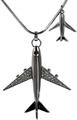 K155 Jewelry Double Airplane Model Crystal Rhinestone Pendant Necklace Black
