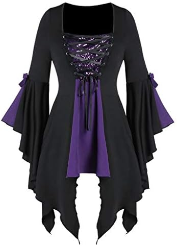 Xinantime Womens Halloween Costume Long Sleeve Tops Sequined Blouse Lace Up Gothic Tunic Tee