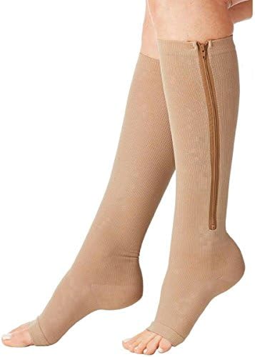 SZ1024 Open Toe Knee Length Zipper Up Compression Hosiery Calf Leg Support Stocking Knee High Socks with Zipper (L/XL, Beige)