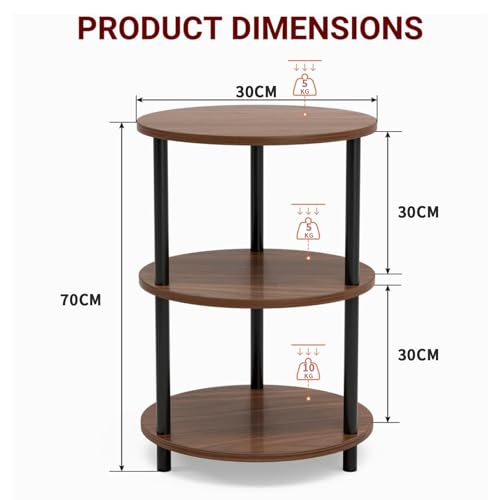 Simple Wisdom Mesa Auxiliar,Mesa Auxiliar Sala Redonda Lateral 3 Niveles,Mesita de Noche,Buros para Recamara,para Sala de Estar, Dormitorio, Estilo Industrial,Tamaño: 30 * 30 * 70 CM. (Color Nogal)