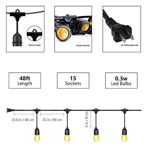 Outdoor String Lights 48Ft Patio Lights with 15 2W LED Dimmable Vintage Edison Bulbs, Commercial Grade Yard Lights Created a Soft Warm Ambiance for Your Gazebo Bistro Backyard Deck Parties-S14