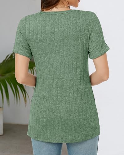 BELLADILA WOMENS SUMMER CASUAL CREW NECK SHORT SLEEVE TUNIC TOPS BUTTONS DRESSY BLOUSES TSHIRTS SHIRTS FOR WOMEN 2024 GREEN