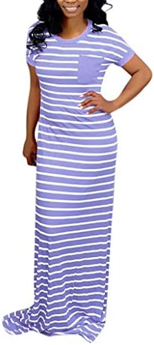 Women Stripe Maxi Dress Flowy Summer T-Shirt Long Dress Pockets