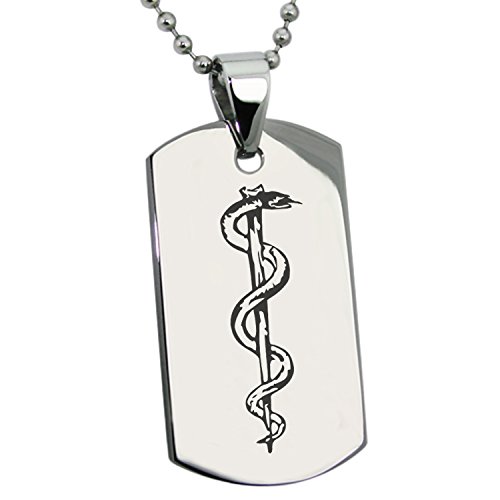 TioneerStainless Steel Rod of Asclepius Symbol Dog Tag Pendant Necklace