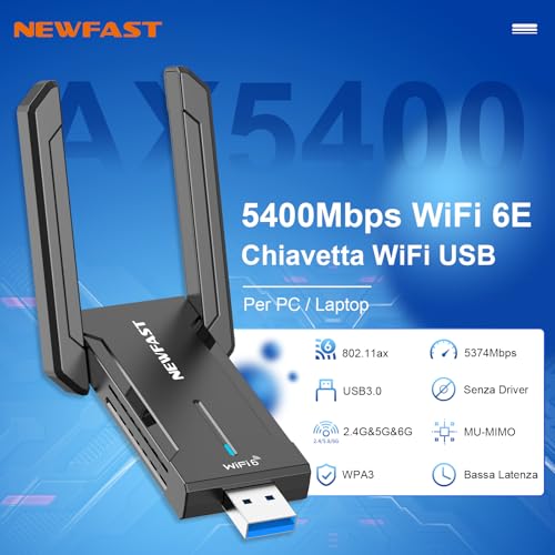 NEWFAST 5400Mbps WiFi Stick for Fixed PC, USB WiFi 6E WiFi Antenna USB Tri-Band 6/5/2.4GHz WiFi Stick 6 Supports Windows 11/10, USB3.0, OFDMA, MU-Mimo, WPA3 (NF-U353)