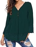 Happy Sailed Women Flare Sleeve Lace Splice Loose Trim Casual Blouse T-shirt Tops, X-Large Blue Green