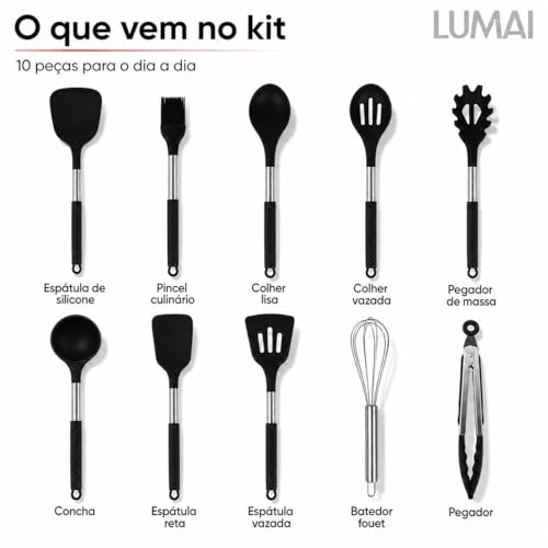 LUMAI Kit Utensílios de Cozinha Inox e Silicone 10 Peças com Suporte - Preto