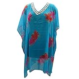 Womens Sexy Kaftan Dress Blue floral Printed Cover up Beach Dresses One Size