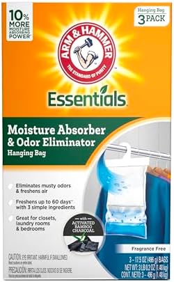 Arm & Hammer Essentials Hanging Moisture Absorber and Odor Eliminator, 17.5 oz., 3 Pack, Fragrance Free, Moisture Absorbers for Closets, Laundry Rooms and Bedrooms, Long-Lasting Freshness