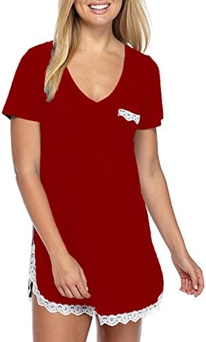 Sechico Women's Short Sleeve V Neck Sleepwear Sexy Lace Trim Lounge Nightgown (Wine Red XXL)