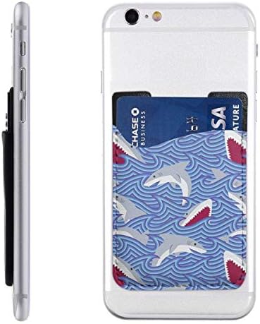 Mojikoma Cute Cartoon Shark and Waves Phone Card Holder for Back of Phone 2.43.5in, Stretchy Wallet Stick On Pocket Credit Card ID Case Pouch Sleeve 3M Adhesive Sticker Compatible with All Phones
