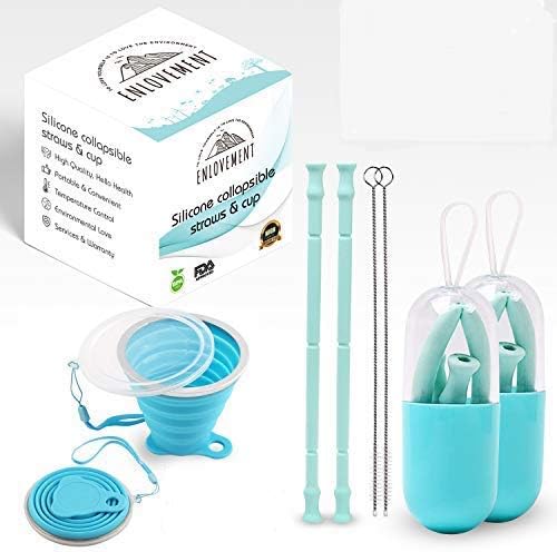 Enlovement 2x Silicone Reusable Collapsible Straw and a Silicone Collapsible Cup | Includes 2x Cleaning Brushes, 2x Carrying Cases | Foldable | Portable | Eco friendly | Travel | Camping | Hiking