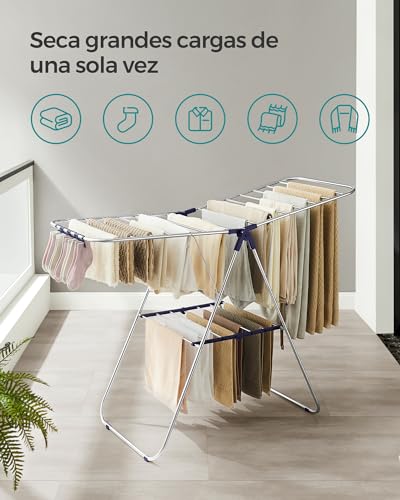 SONGMICS Tendedero de Ropa Plegable,Alas Ajustables, 33 Barras y 27 Pinzas, Perchero Metálico para Ropa Sucia, Plata y Azul MLLR52BU