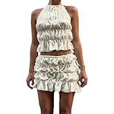 GOTHPICKUS Womens Y2K Boho Two Piece Skirt Set Pleated Ruffled Backless Sexy Crop Tank Tops Lace Up See Through Outfits