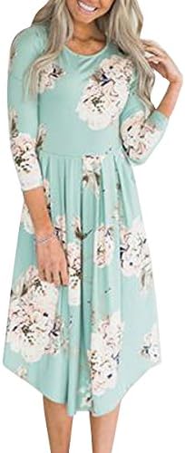 YIBU Apparel Women 3/4 Sleeve Floral Midi Dress Casual Empire Waist Loose Pleated Dress with Pockets Green XX-Large