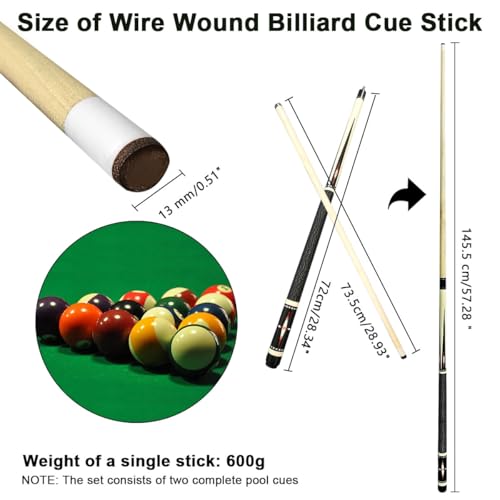 2Pcs Billiard Pool Cue Sticks, Linen Billiard Cue Hardwood Billiard Stick Pool Cue Set with Wrap 4 Pool Chalks 2 Gloves, Table Pool Stick for Beginner Professional Billiard Player House Bar Commercial