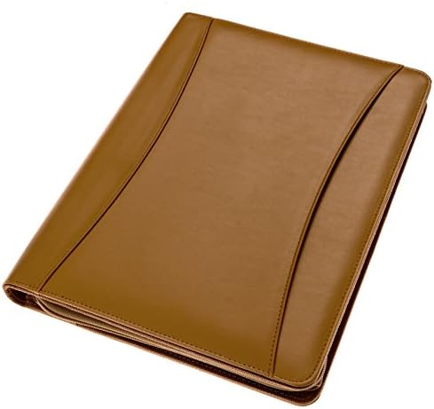 Aristo Gramma Professional Interview Leather Padfolio / Personal Document Organizer with Zippered Enclosure, includes 8.5" x 11" Writing Pad, for Left and Right Handed Use, Caramel Brown