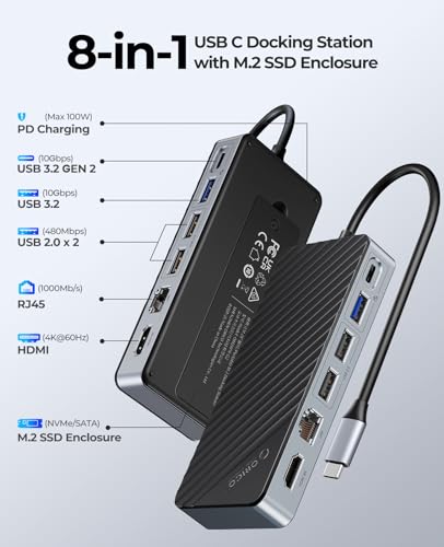 ORICO 8 in 1 USB C Docking Station with M.2 SSD Enclosure, USB C Hub for M.2 NVMe/SATA SSD, 10Gbps, 4K@60Hz HDMI, 100W PD, Ethernet, Cable Length 15cm - OM28PR