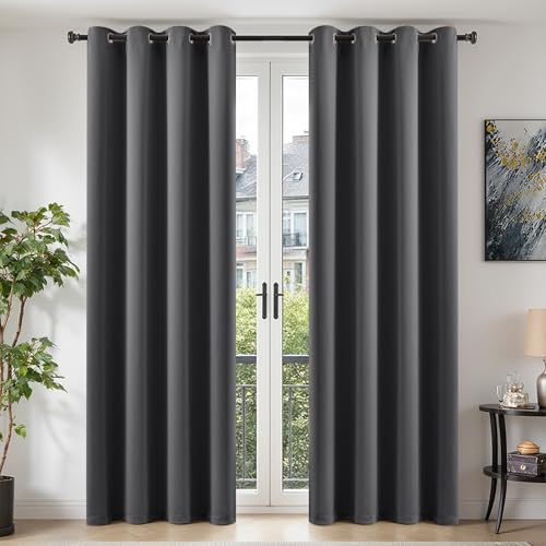 TOPICK Curtains with Eyelets, Window Decoration, Blackout Curtains, 245 x 140 cm, Set of 2 Blackout Curtains, Bedroom Curtains, Opaque, Living Room, Dark Grey