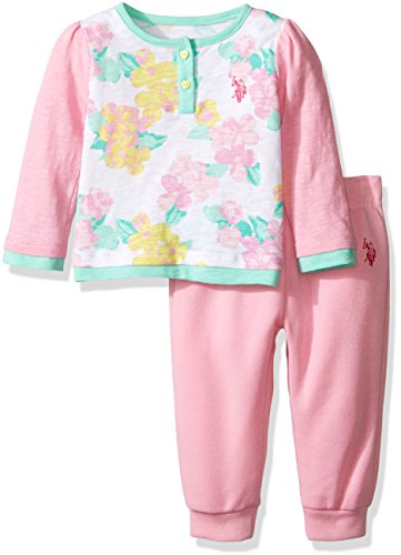 U.S. Polo Assn. Baby Girls' Long Sleeve Henley Slub Jersey Top and Fleece Jogger Pant, Prism Pink, 3-6 Months