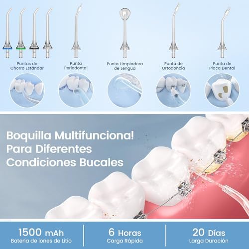 Irrigador oral portátil, irrigador dental profissional sem fio vimmk 8 bicos 5 modos, ipx7 à prova d'água 300ml usb-c recarregável para limpeza de dentes, para casa e viagens (branco)