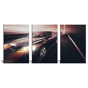 3 Panel Canvas Wall Art - Car Running Under The Lightning - Giclee Print Gallery Wrap Modern Home Art Ready to Hang - 16"x24" x 3 Panels