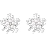 Dainty Crystal Faux Pearl Snowflake Stud Earrings for Women Sterling Silver Post Chic Sparkly Imitation Cz Cubic Zirconia Christmas Winter Flower Studs Xmas Festival Party Fashion Jewelry