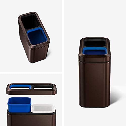 simplehuman 20 Liter / 5.3 Gallon Twin Compartment Slim Open High Recycling Trash Can, Industrial Grade Heavy Gauge Darkish Bronze Stainless Metal